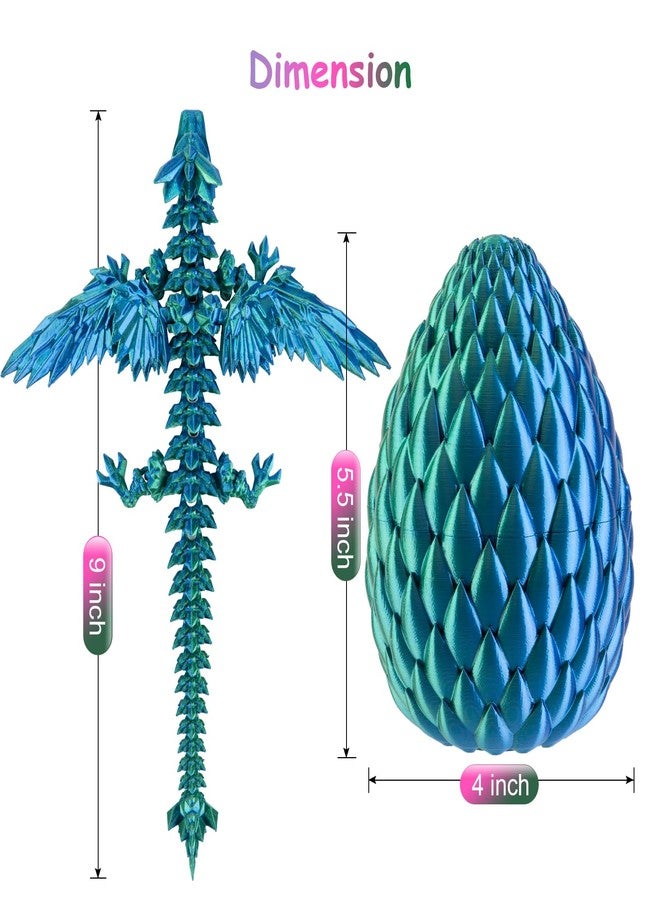 Dxldfks 3D Printed Dragon with Egg, Articulated Crystal 9" Winged Dragons and 5.5" Eggs for Easter Basket Stuffers Home Office Decoration Gift, Bluegreen - Image 2